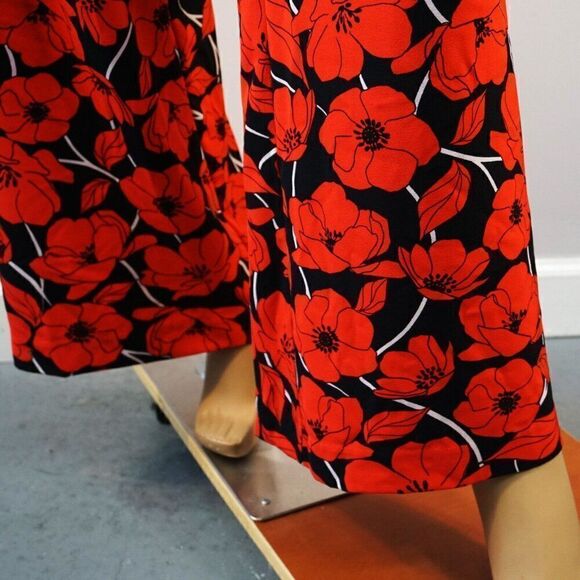 New York & Company Stretch Pants Wide Leg Poppy Flower Black Red Sz 0 Small - Picture 4 of 12